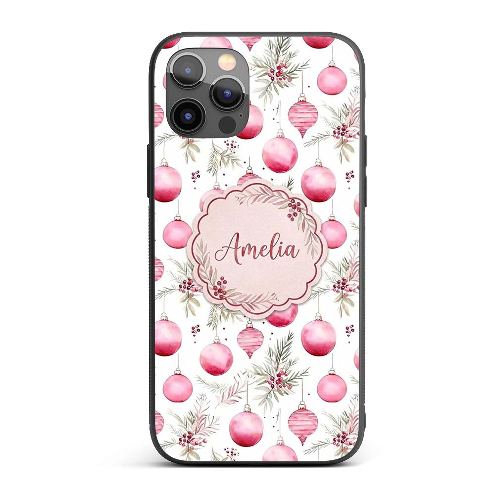 Watercolor Pink Christmas Baubles Pine Leaves Custom Name Protective Phone Case Mobile Cover Durable Everyday Smartphone Shock Resistant