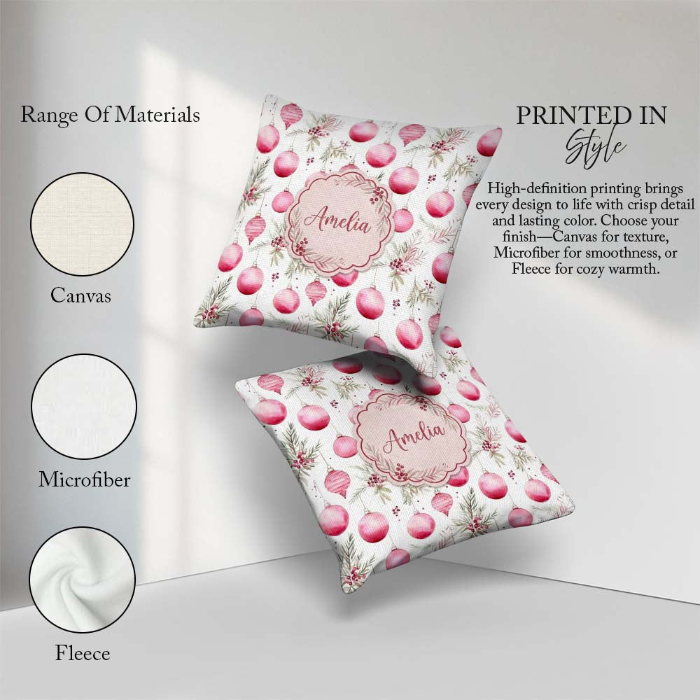 Custom Name Watercolor Pink Baubles Pine Leaves Seamless Pattern Square Filled Cushion Throw Pillow Sofa Bed Home Decor Zip Washable UK Made