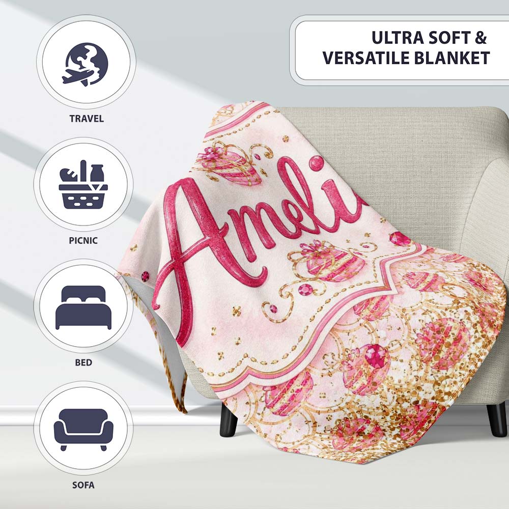 Luxury Gold Pink Christmas Ornaments Glitter Seamless Pattern Lovely Personalised Custom Name Super Soft Fleece Blanket Bed Sofa Throw