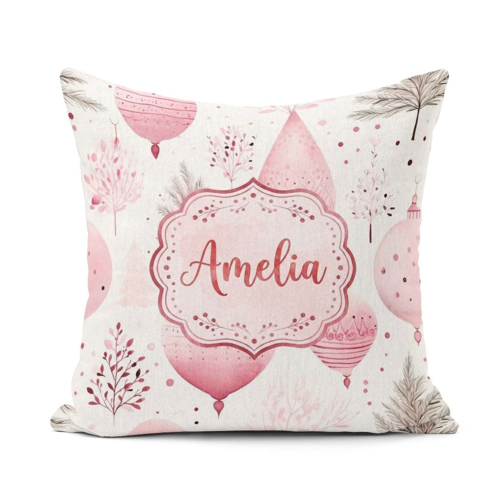 Custom Name Soft Pink Christmas Baubles Botanical Pattern Lovely Square Filled Cushion Throw Pillow Sofa Bed Home Decor Zip Washable UK Made