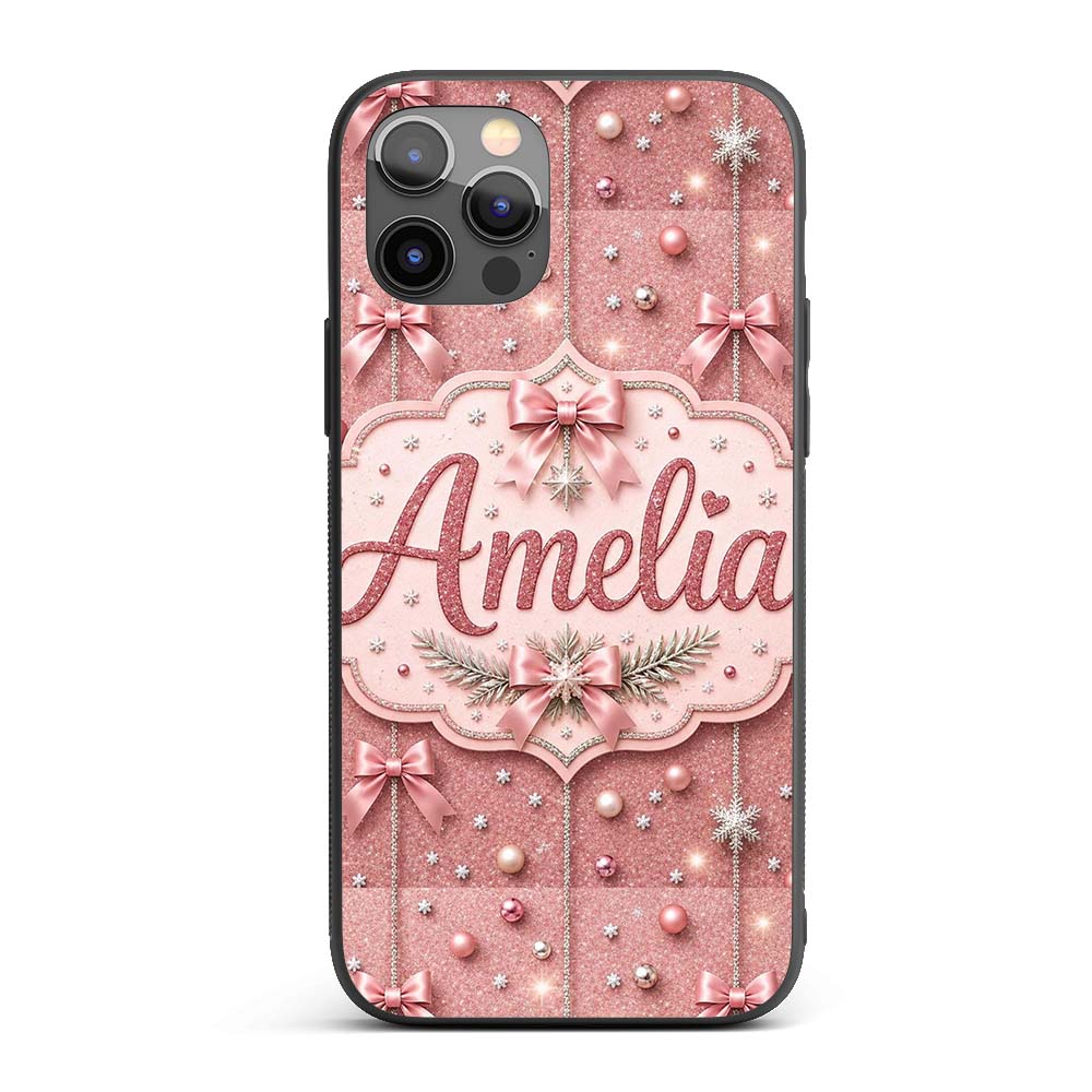 Elegant Pink Christmas Bows Decorative Design Custom Name Protective Phone Case Mobile Cover Durable Everyday Smartphone Shock Resistant