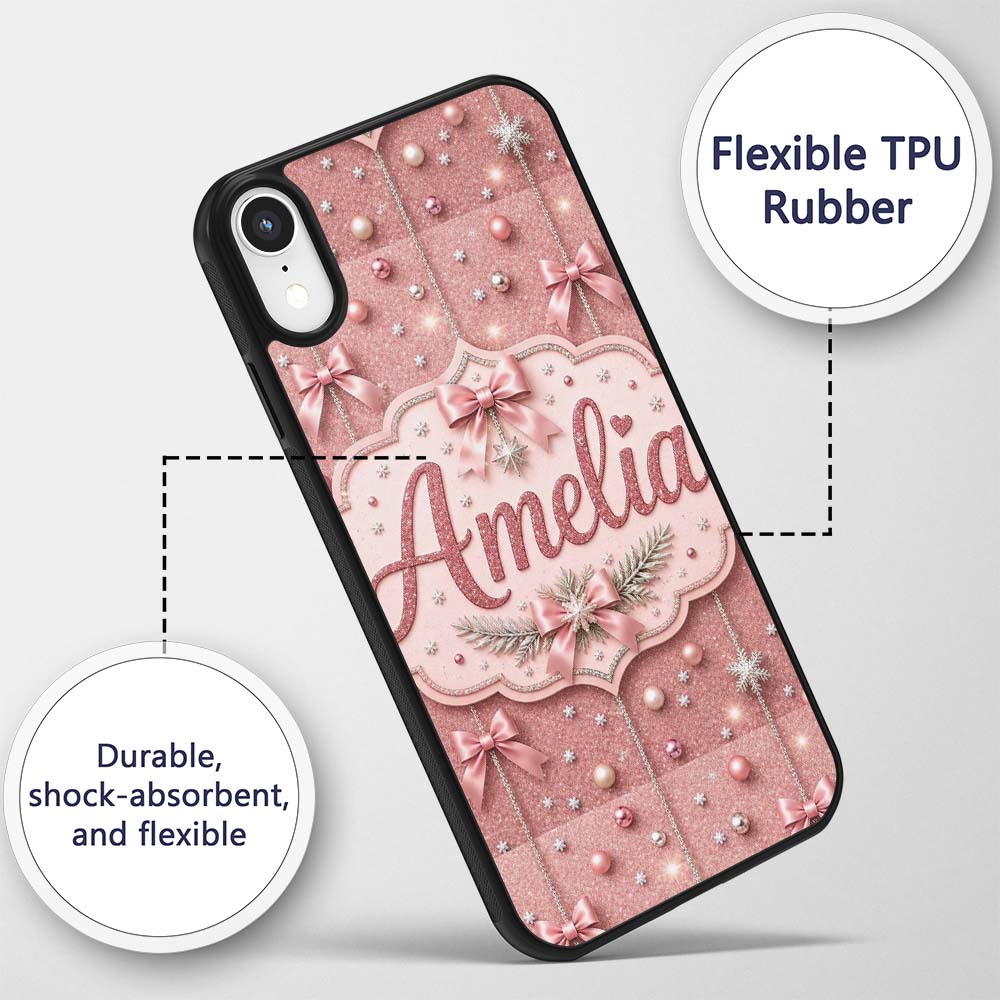 Elegant Pink Christmas Bows Decorative Design Custom Name Protective Phone Case Mobile Cover Durable Everyday Smartphone Shock Resistant