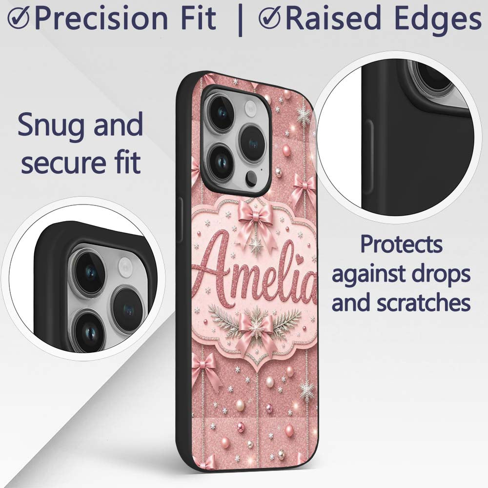 Elegant Pink Christmas Bows Decorative Design Custom Name Protective Phone Case Mobile Cover Durable Everyday Smartphone Shock Resistant