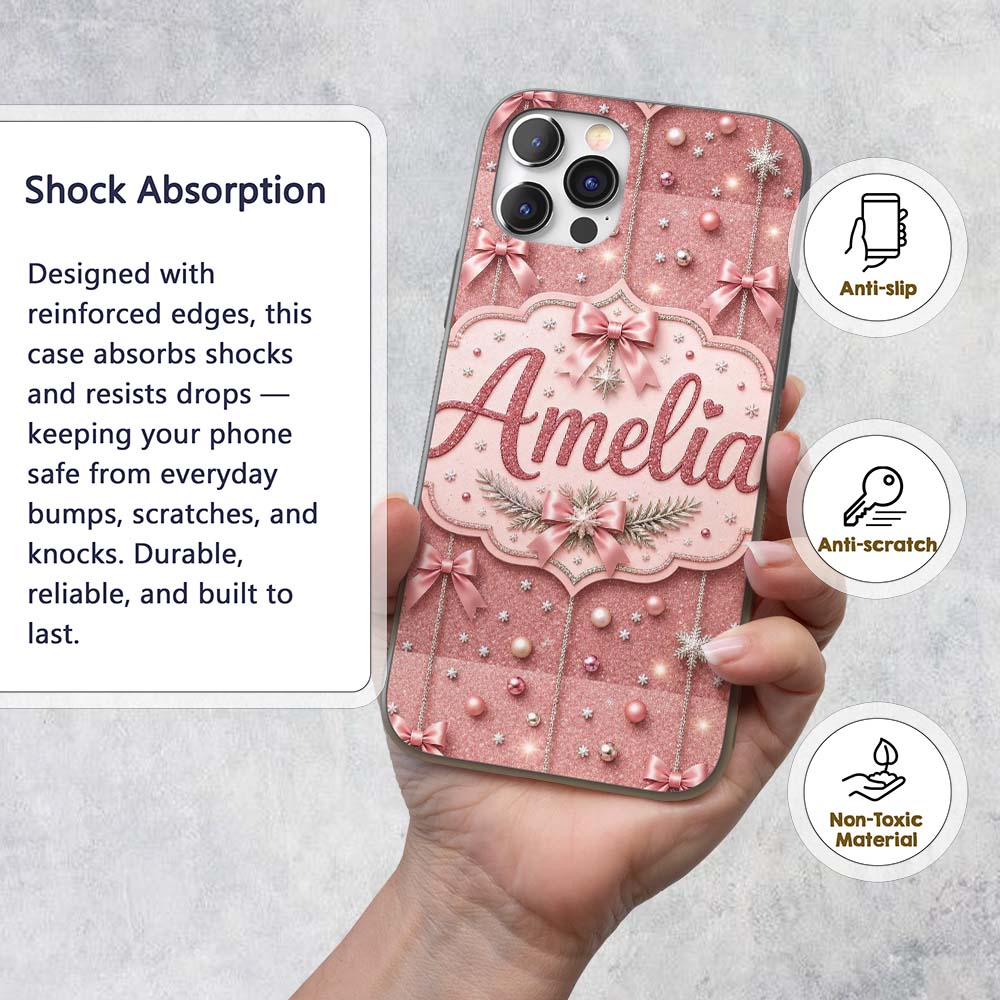 Elegant Pink Christmas Bows Decorative Design Custom Name Protective Phone Case Mobile Cover Durable Everyday Smartphone Shock Resistant