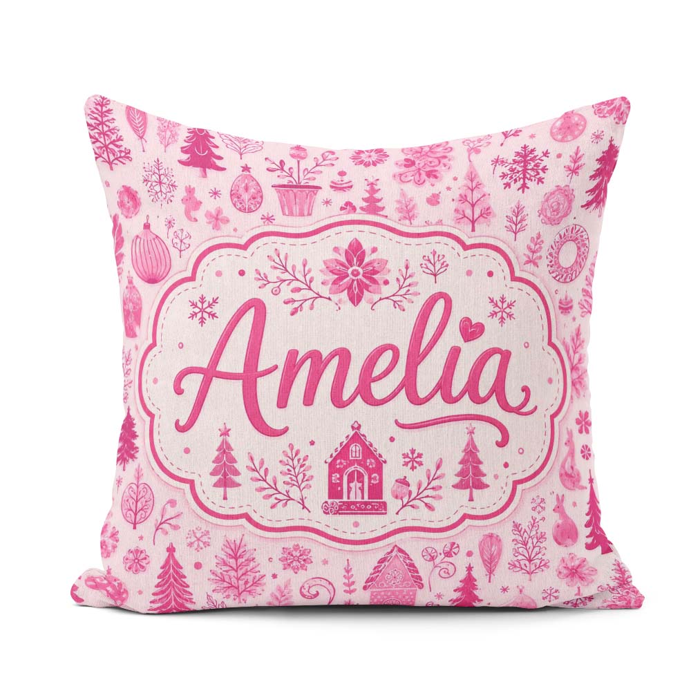 Custom Name Cute Pink Christmas Folk Art Seamless Pattern Idea Square Filled Cushion Throw Pillow Sofa Bed Home Decor Zip Washable UK Made