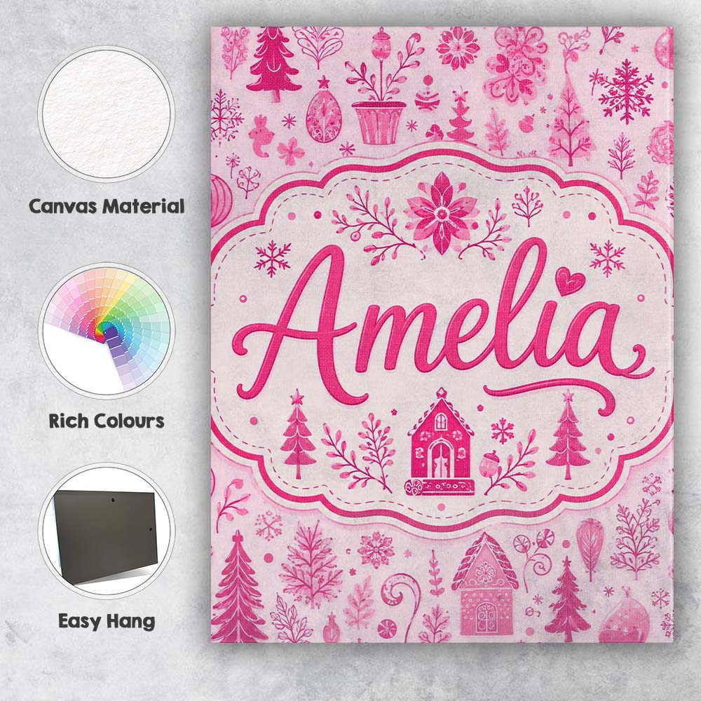 Personalised Name Cute Pink Christmas Folk Custom Unique Gift Idea Elegant Feature Canvas Wall Art Print Decor Picture Ready to Hang