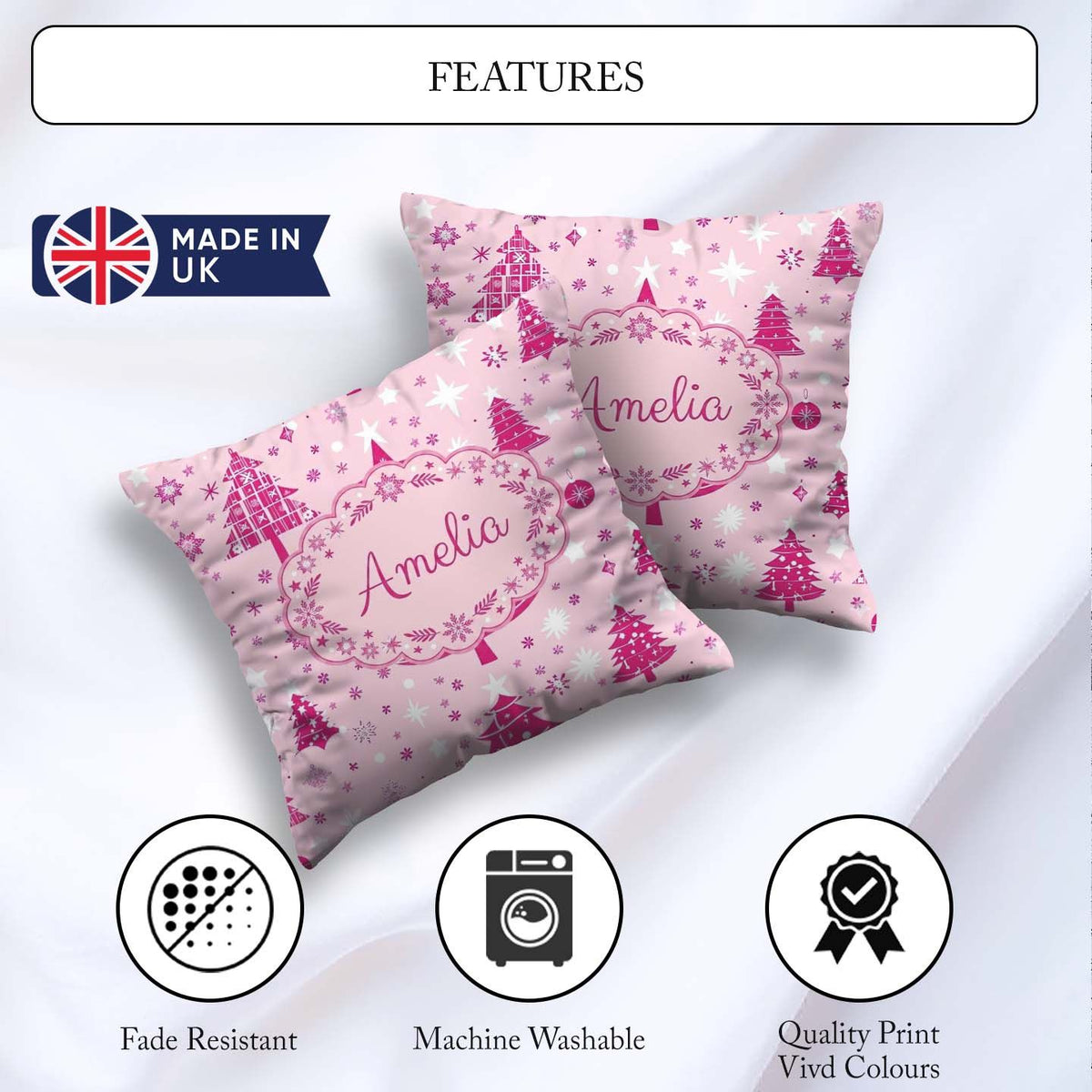 Custom Name Cute Pink Christmas Trees Snowflakes Stars Seamless Square Filled Cushion Throw Pillow Sofa Bed Home Decor Zip Washable UK Made