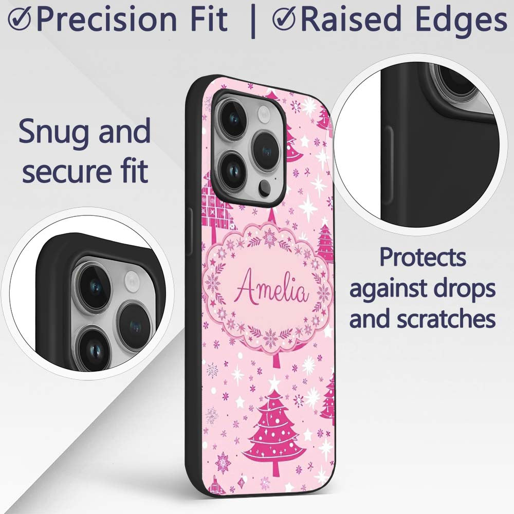 Cute Pink Christmas Trees Snowflakes Stars Printed Design Custom Name Protective Phone Case Mobile Cover Durable Smartphone Shock Resistant