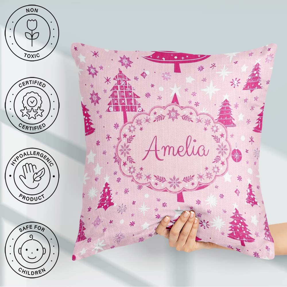 Custom Name Cute Pink Christmas Trees Snowflakes Stars Seamless Square Filled Cushion Throw Pillow Sofa Bed Home Decor Zip Washable UK Made