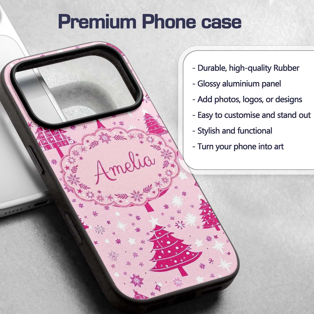 Cute Pink Christmas Trees Snowflakes Stars Printed Design Custom Name Protective Phone Case Mobile Cover Durable Smartphone Shock Resistant