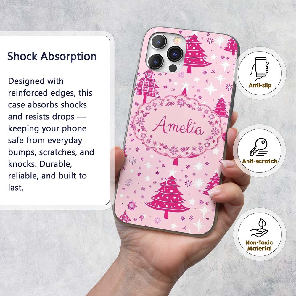 Cute Pink Christmas Trees Snowflakes Stars Printed Design Custom Name Protective Phone Case Mobile Cover Durable Smartphone Shock Resistant