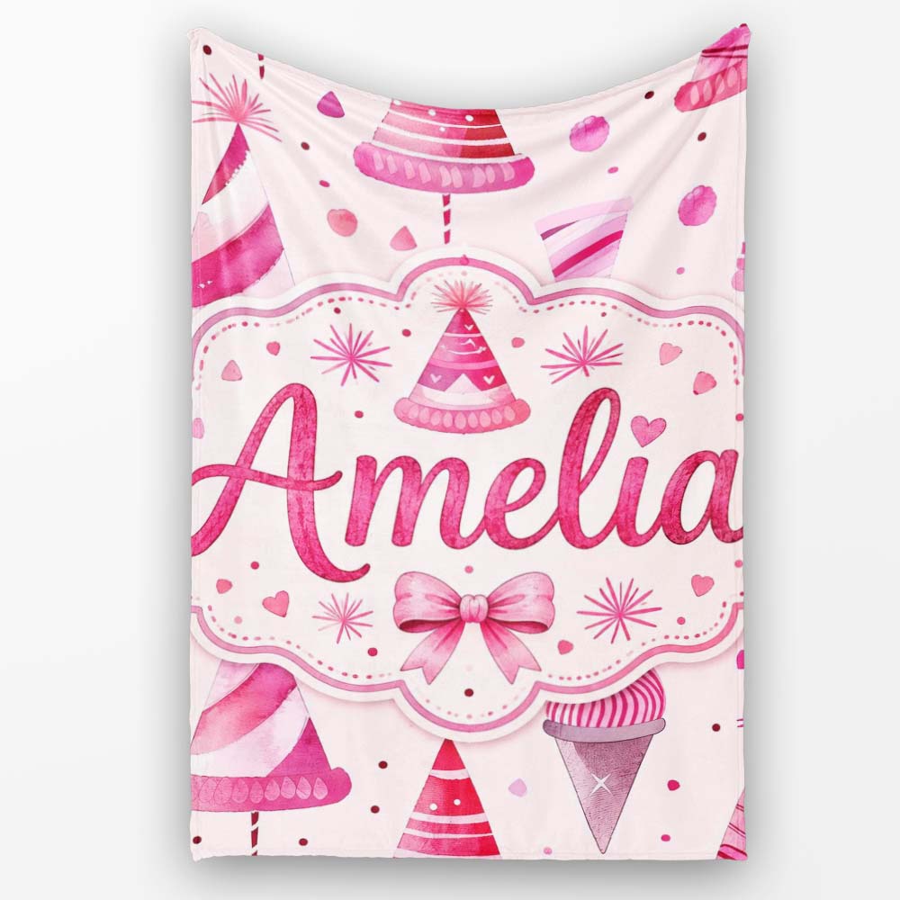 Cute Pink Christmas Party Hats Fun Seamless Pattern Cute Unique Gift Personalised Custom Name Super Soft Fleece Blanket Bed Sofa Throw
