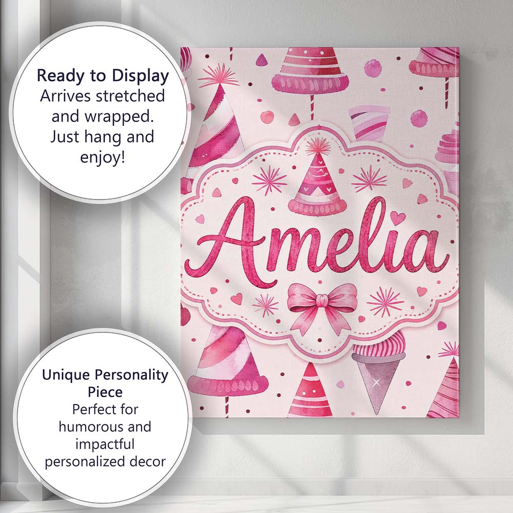 Personalised Name Cute Pink Christmas Party Custom Bespoke Interior Contemporary Canvas Wall Art Print Decor Picture Ready to Hang