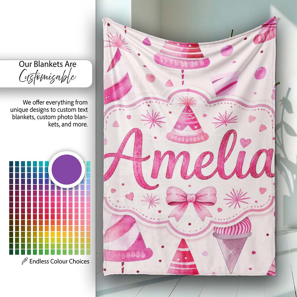 Cute Pink Christmas Party Hats Fun Seamless Pattern Cute Unique Gift Personalised Custom Name Super Soft Fleece Blanket Bed Sofa Throw