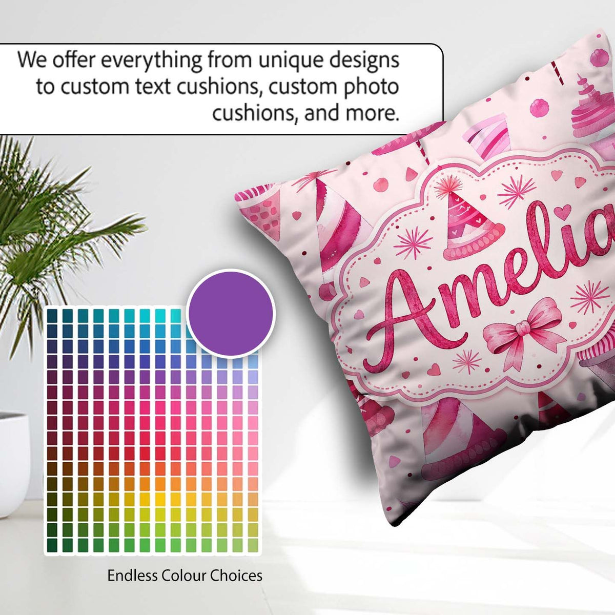 Custom Name Cute Pink Christmas Party Hats Fun Seamless Pattern Square Filled Cushion Throw Pillow Sofa Bed Home Decor Zip Washable UK Made