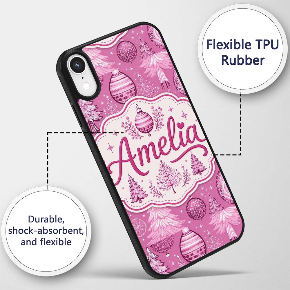 Cute Pink Christmas Trees Ornaments Festive Printed Design Custom Name Protective Phone Case Mobile Cover Durable Smartphone Shock Resistant