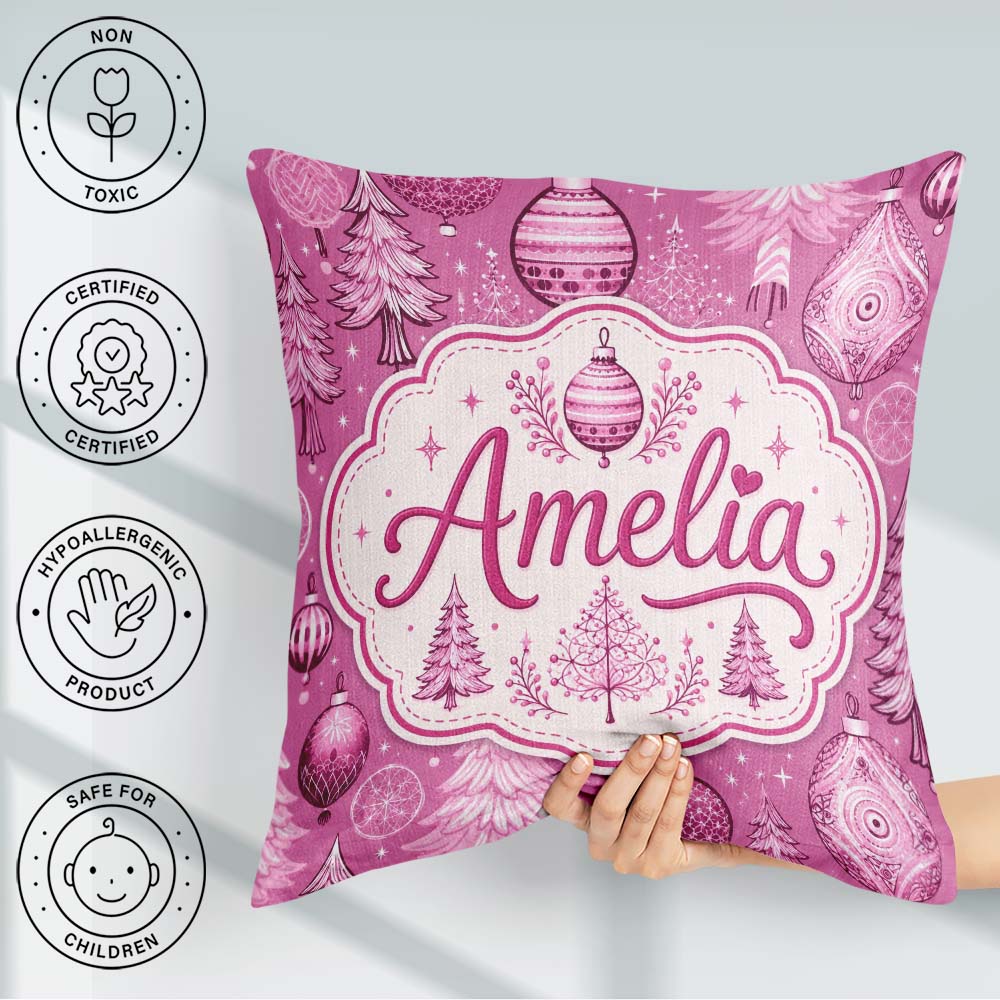 Custom Name Cute Pink Christmas Trees Ornaments Festive Seamless Square Filled Cushion Throw Pillow Sofa Bed Home Decor Zip Washable UK Made