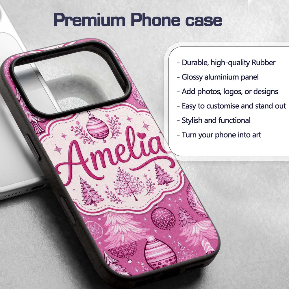 Cute Pink Christmas Trees Ornaments Festive Printed Design Custom Name Protective Phone Case Mobile Cover Durable Smartphone Shock Resistant