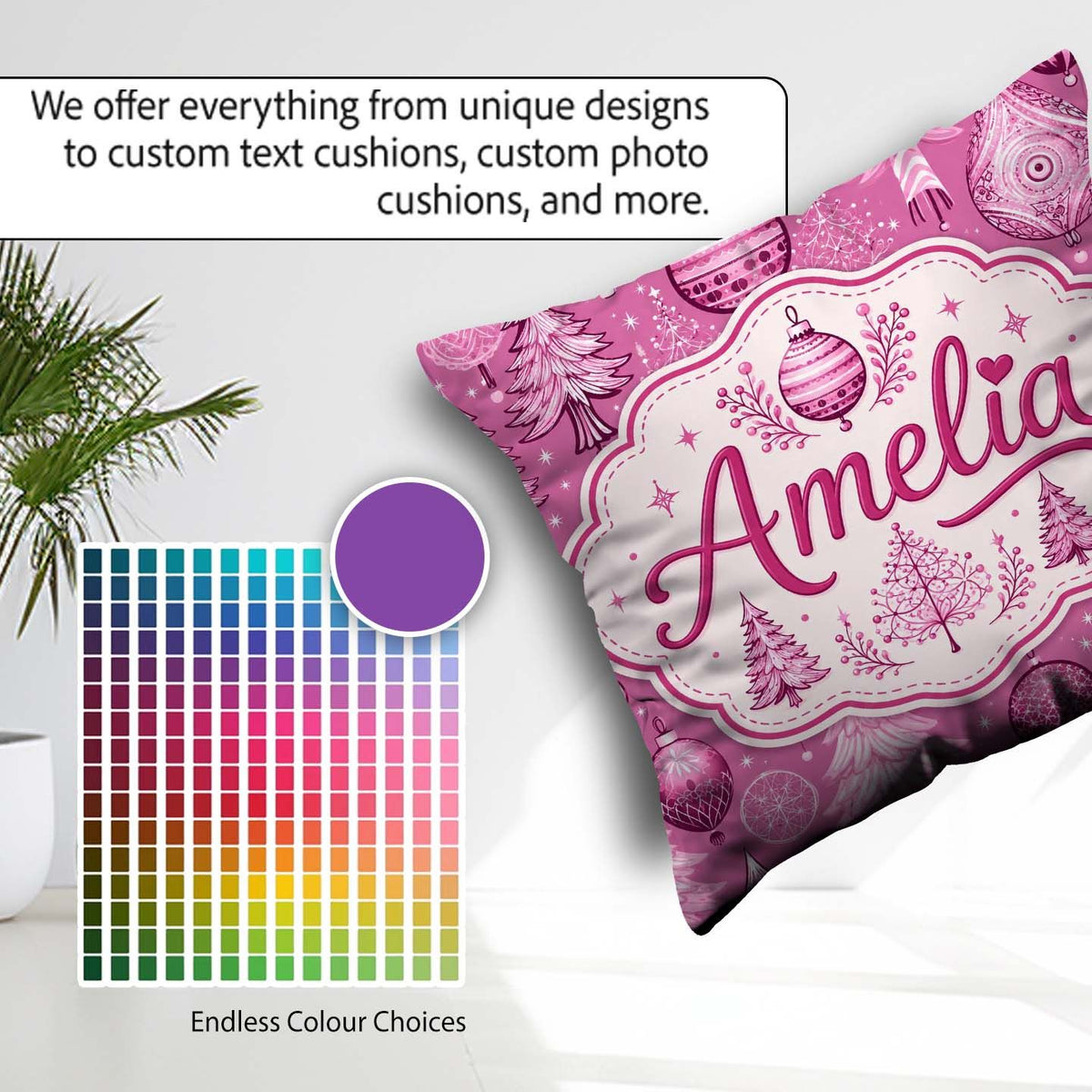 Custom Name Cute Pink Christmas Trees Ornaments Festive Seamless Square Filled Cushion Throw Pillow Sofa Bed Home Decor Zip Washable UK Made