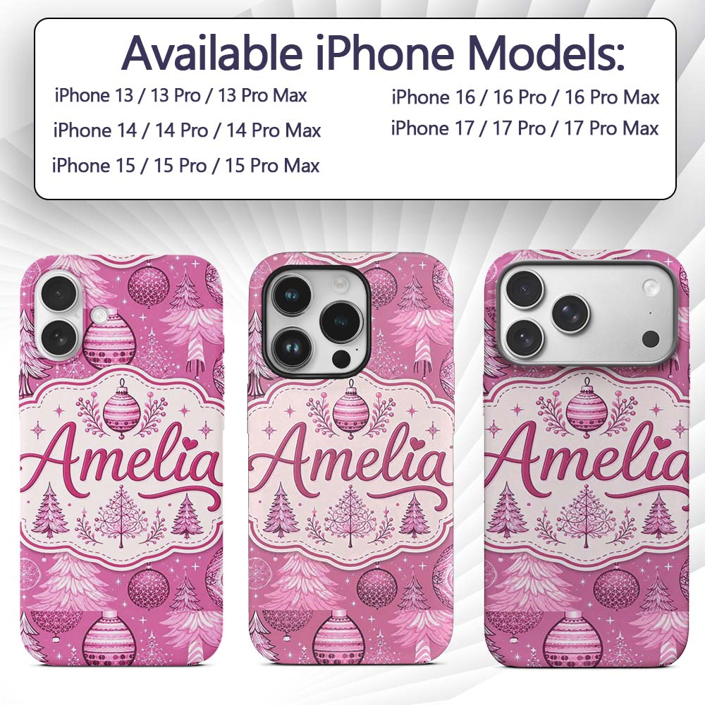 Cute Pink Christmas Trees Ornaments Festive Printed Design Custom Name Protective Phone Case Mobile Cover Durable Smartphone Shock Resistant