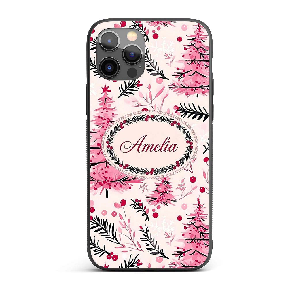 Watercolor Pink Christmas Trees Berries Branches Custom Name Protective Phone Case Mobile Cover Durable Everyday Smartphone Shock Resistant
