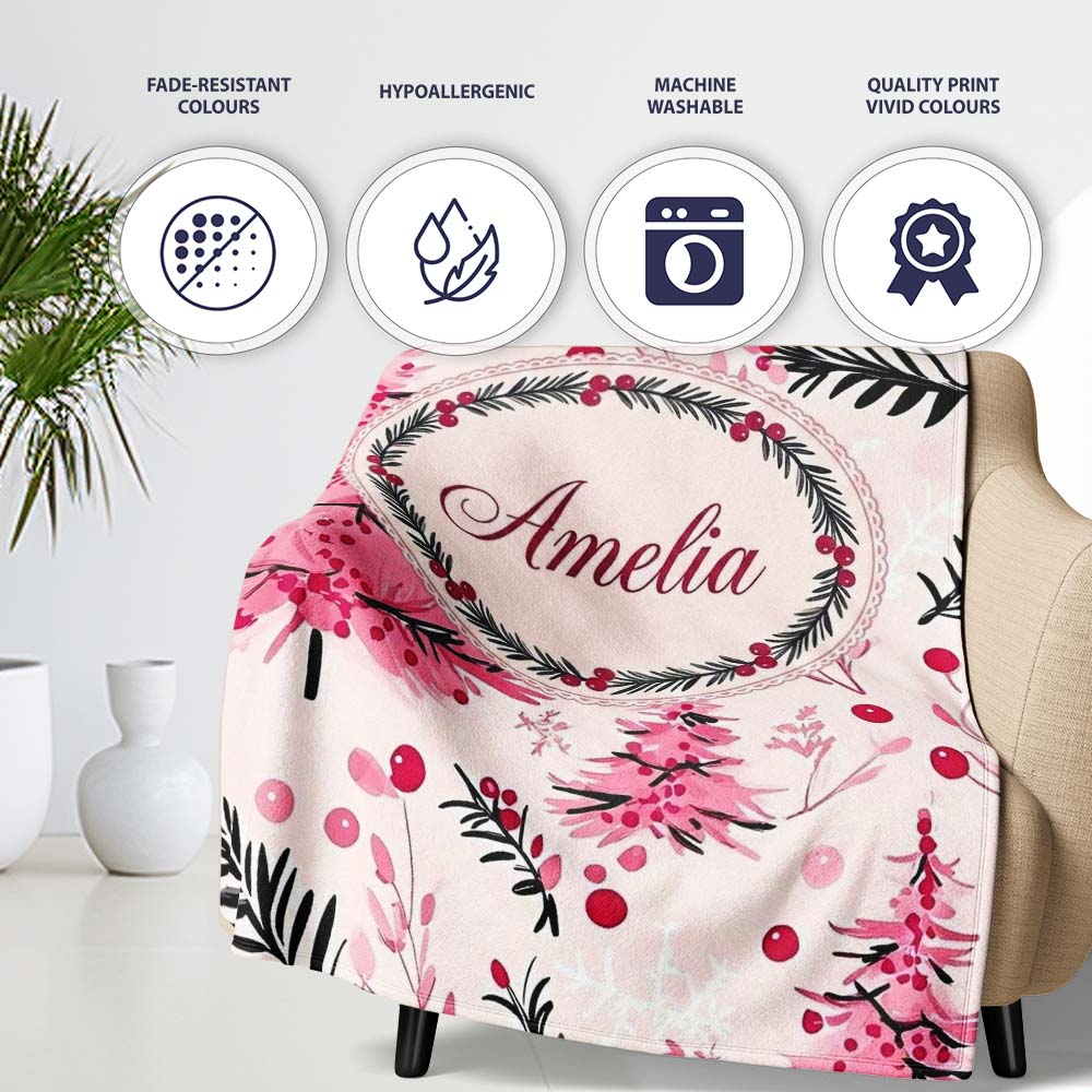 Watercolor Pink Christmas Trees Berries Branches Seamless Pattern Personalised Custom Name Super Soft Fleece Blanket Bed Sofa Throw