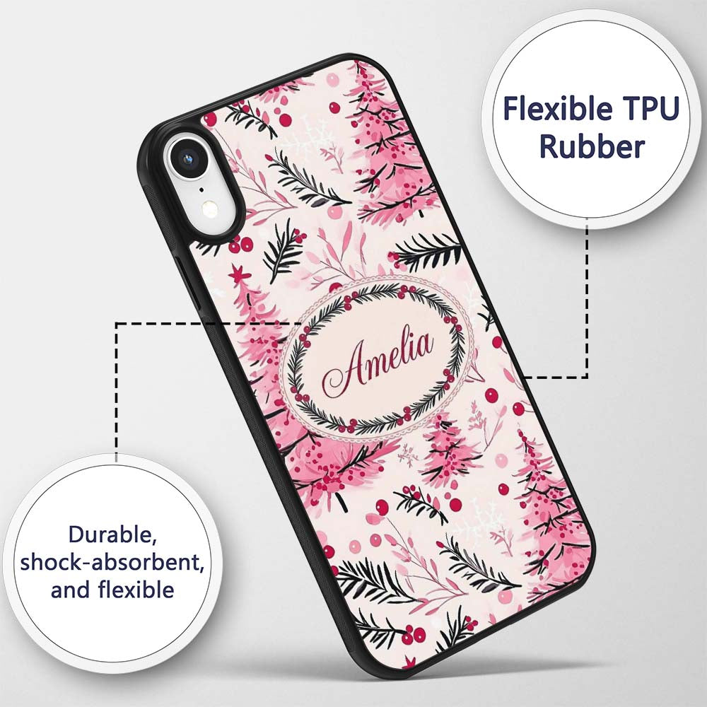 Watercolor Pink Christmas Trees Berries Branches Custom Name Protective Phone Case Mobile Cover Durable Everyday Smartphone Shock Resistant
