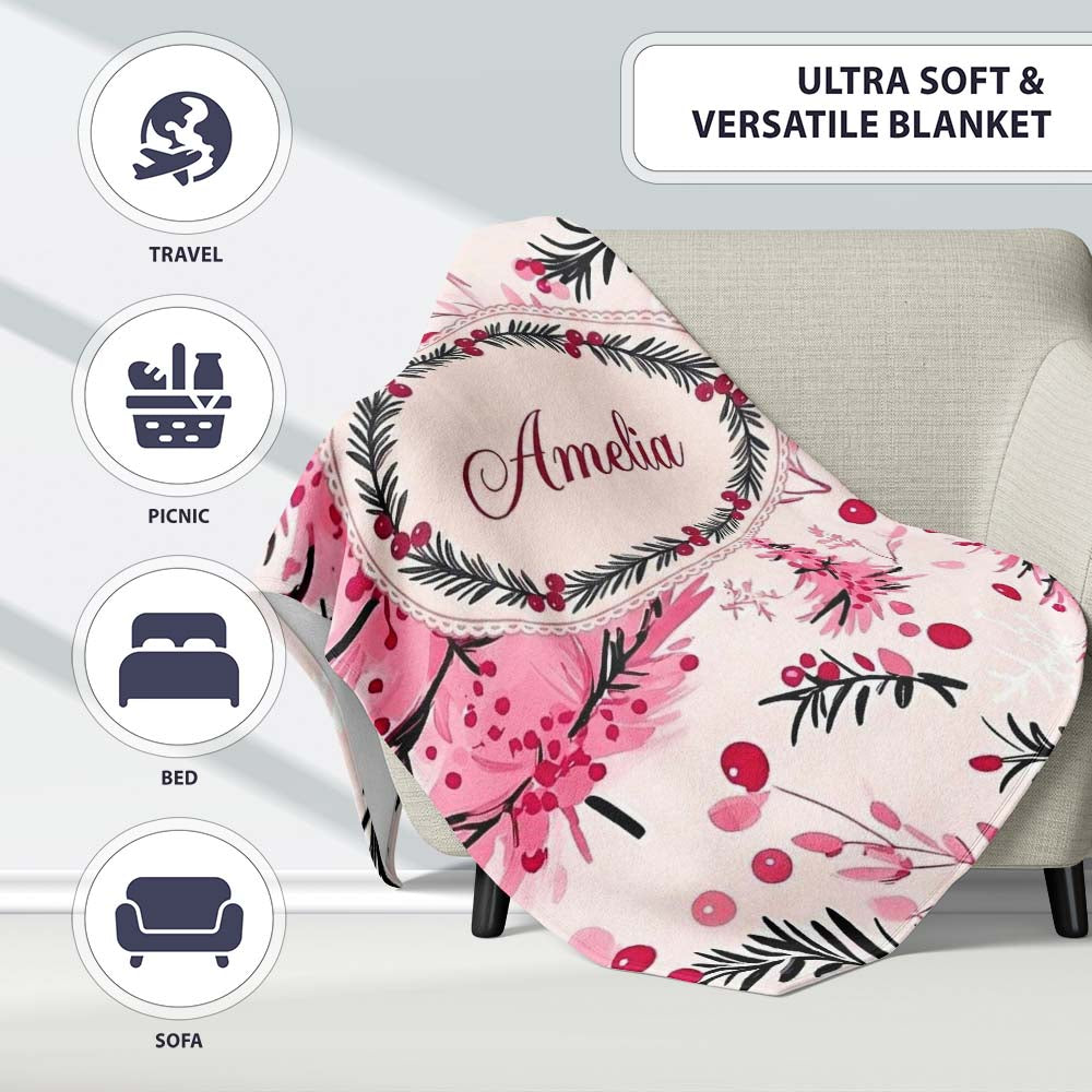 Watercolor Pink Christmas Trees Berries Branches Seamless Pattern Personalised Custom Name Super Soft Fleece Blanket Bed Sofa Throw