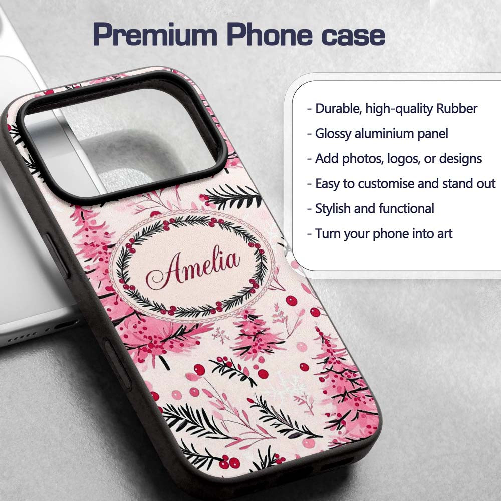 Watercolor Pink Christmas Trees Berries Branches Custom Name Protective Phone Case Mobile Cover Durable Everyday Smartphone Shock Resistant