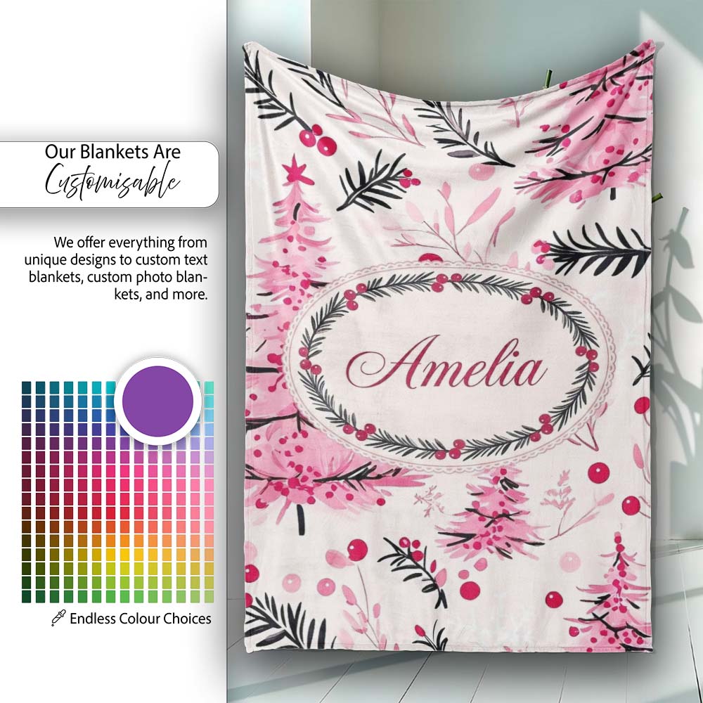 Watercolor Pink Christmas Trees Berries Branches Seamless Pattern Personalised Custom Name Super Soft Fleece Blanket Bed Sofa Throw