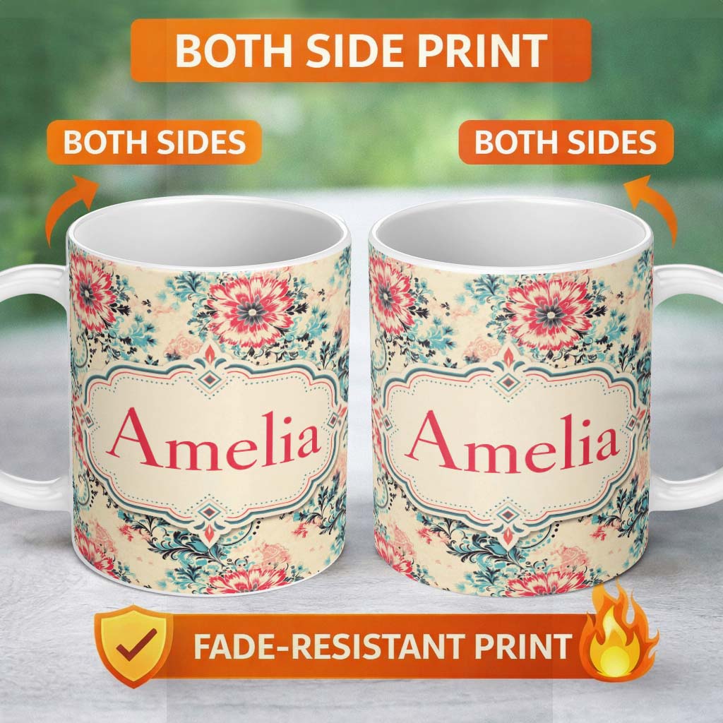 Personalized Custom Name Elegant Pink Blue Floral Damask Vintage Seamless Pattern Lovely 11oz Ceramic Coffee Tea Mug White Large Handle