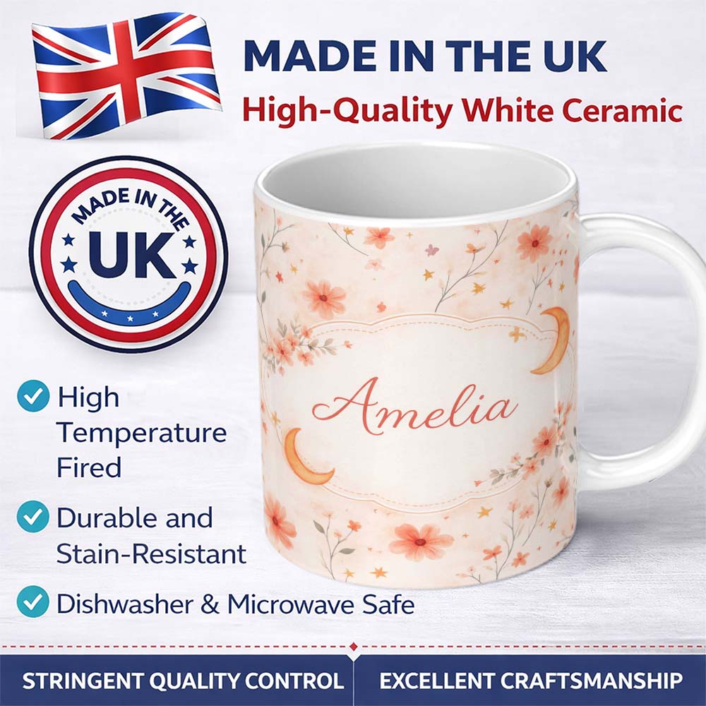 Personalized Custom Name Celestial Moon Floral Night Sky Pattern Seamless Watercolour Design 11oz Ceramic Coffee Tea Mug White Large Handle