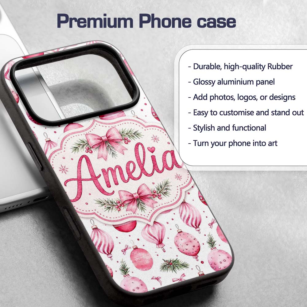 Watercolor Pink Christmas Baubles Ribbon Pine Custom Name Protective Phone Case Mobile Cover Durable Everyday Smartphone Shock Resistant