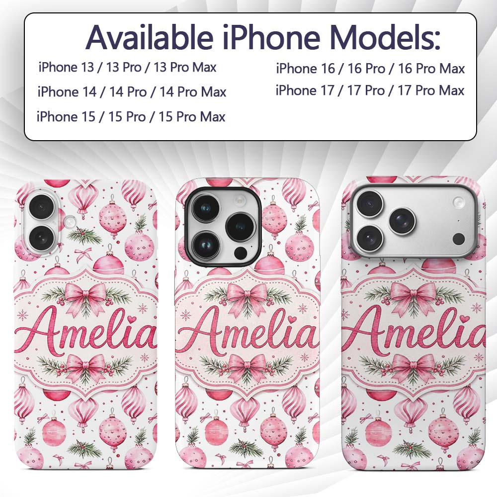 Watercolor Pink Christmas Baubles Ribbon Pine Custom Name Protective Phone Case Mobile Cover Durable Everyday Smartphone Shock Resistant