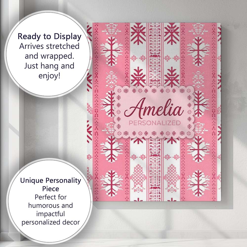 Personalised Name Scandinavian Pink Snowflake Custom Unique Gift Idea Modern Room Accent Canvas Wall Art Print Decor Picture Ready to Hang