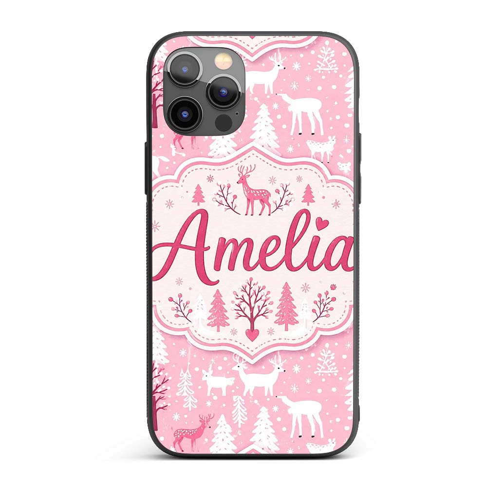 Cute Pink Christmas Deer Forest Seamless Pattern Custom Name Protective Phone Case Mobile Cover Durable Everyday Smartphone Shock Resistant