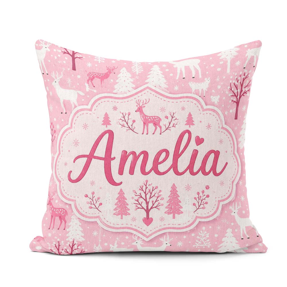 Custom Name Cute Pink Christmas Deer Forest Seamless Pattern Square Filled Cushion Throw Pillow Sofa Bed Home Decor Zip Washable UK Made