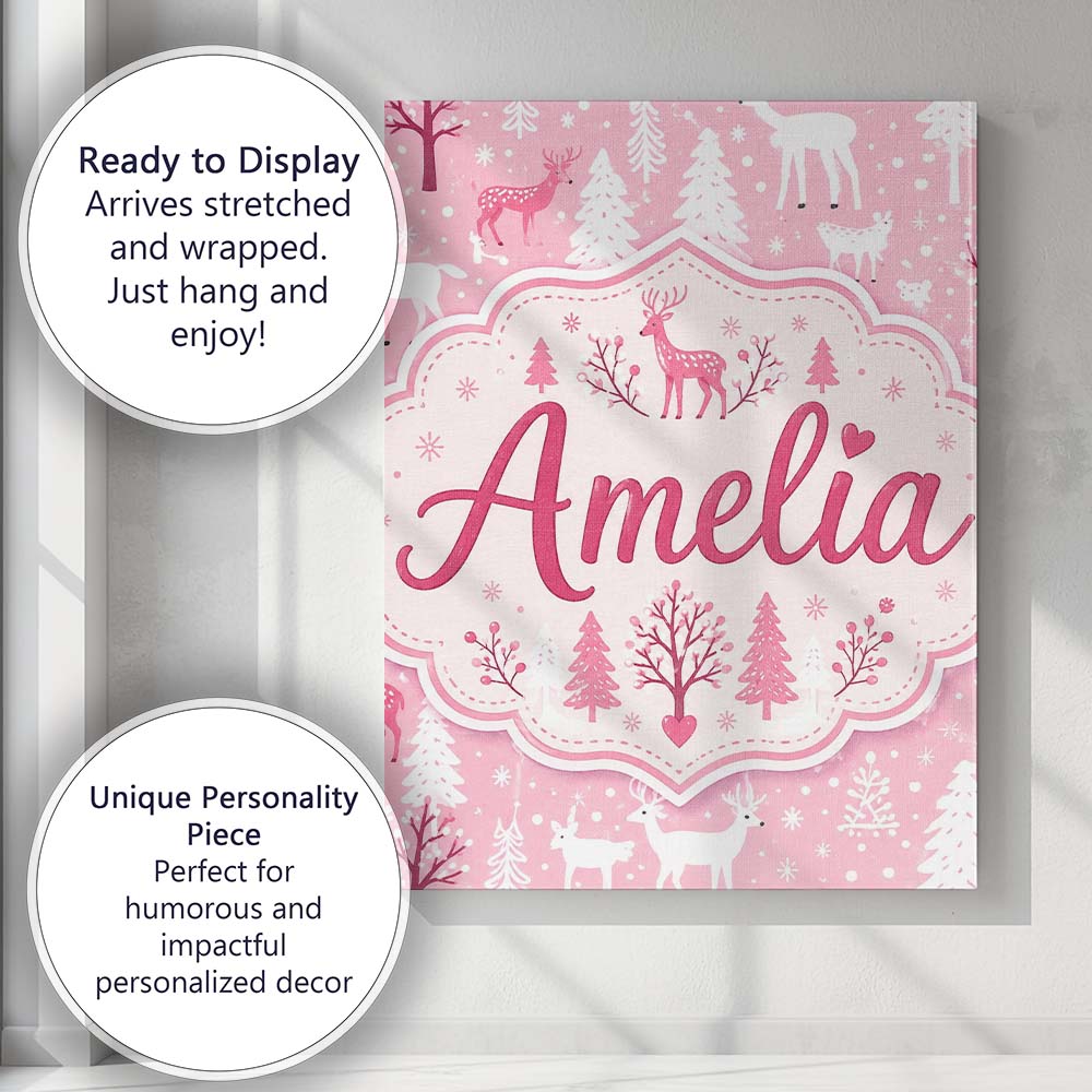 Personalised Name Cute Pink Christmas Deer Custom Unique Gift Idea Elegant Feature Canvas Wall Art Print Decor Picture Ready to Hang