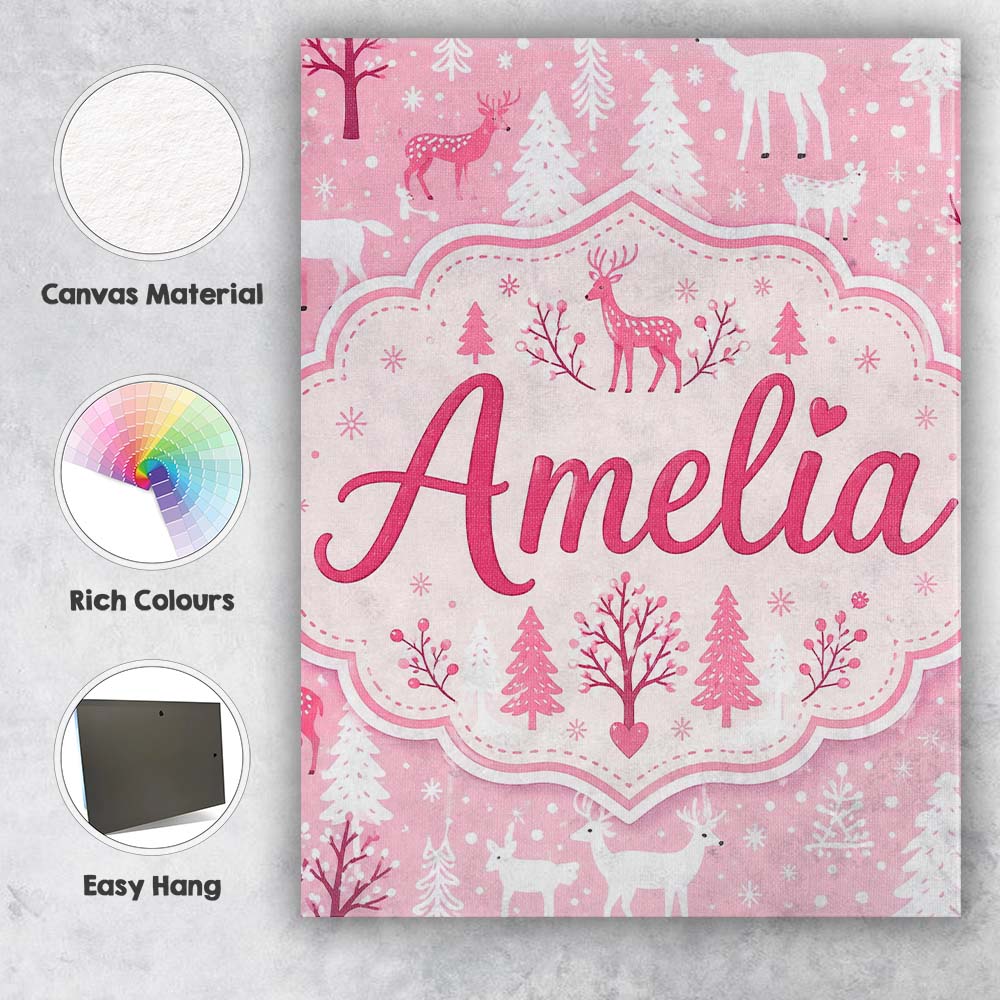 Personalised Name Cute Pink Christmas Deer Custom Unique Gift Idea Elegant Feature Canvas Wall Art Print Decor Picture Ready to Hang