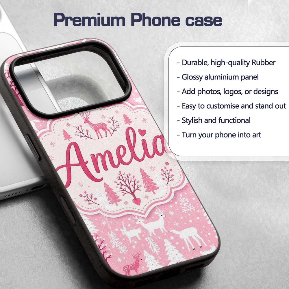 Cute Pink Christmas Deer Forest Seamless Pattern Custom Name Protective Phone Case Mobile Cover Durable Everyday Smartphone Shock Resistant