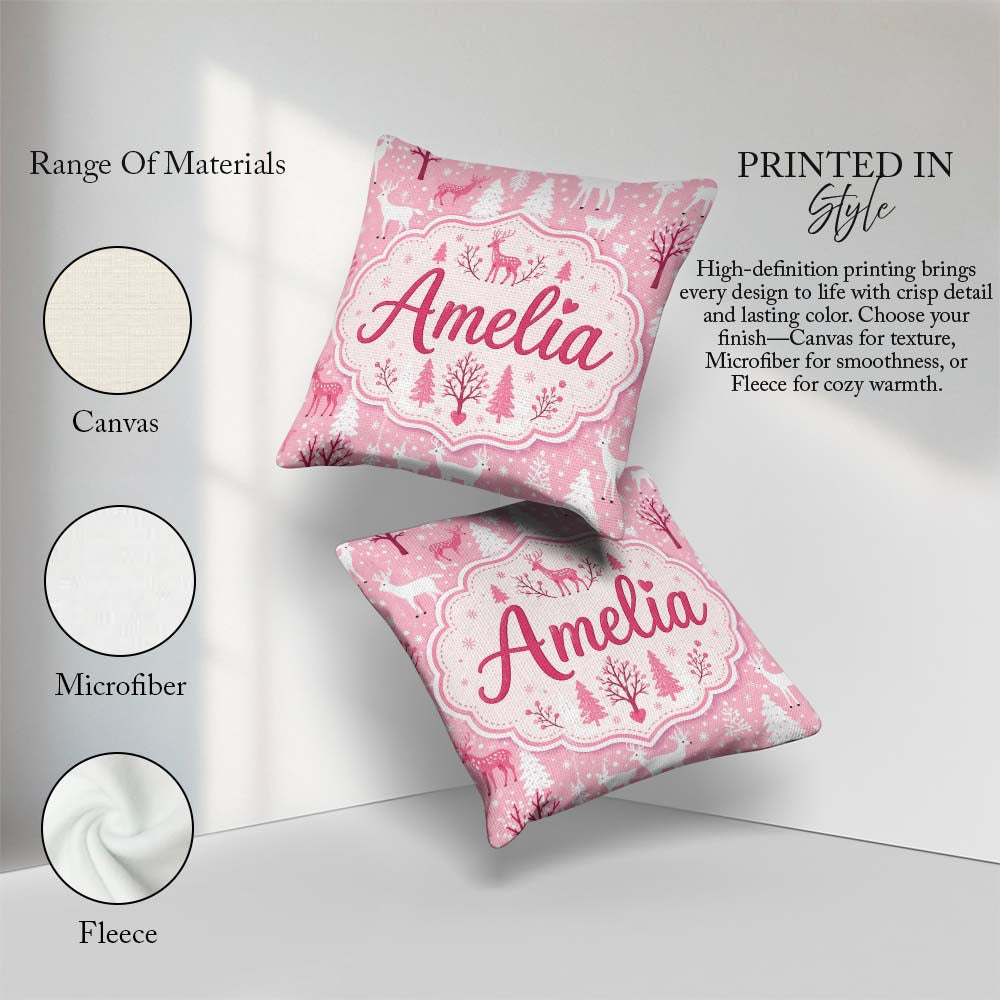 Custom Name Cute Pink Christmas Deer Forest Seamless Pattern Square Filled Cushion Throw Pillow Sofa Bed Home Decor Zip Washable UK Made