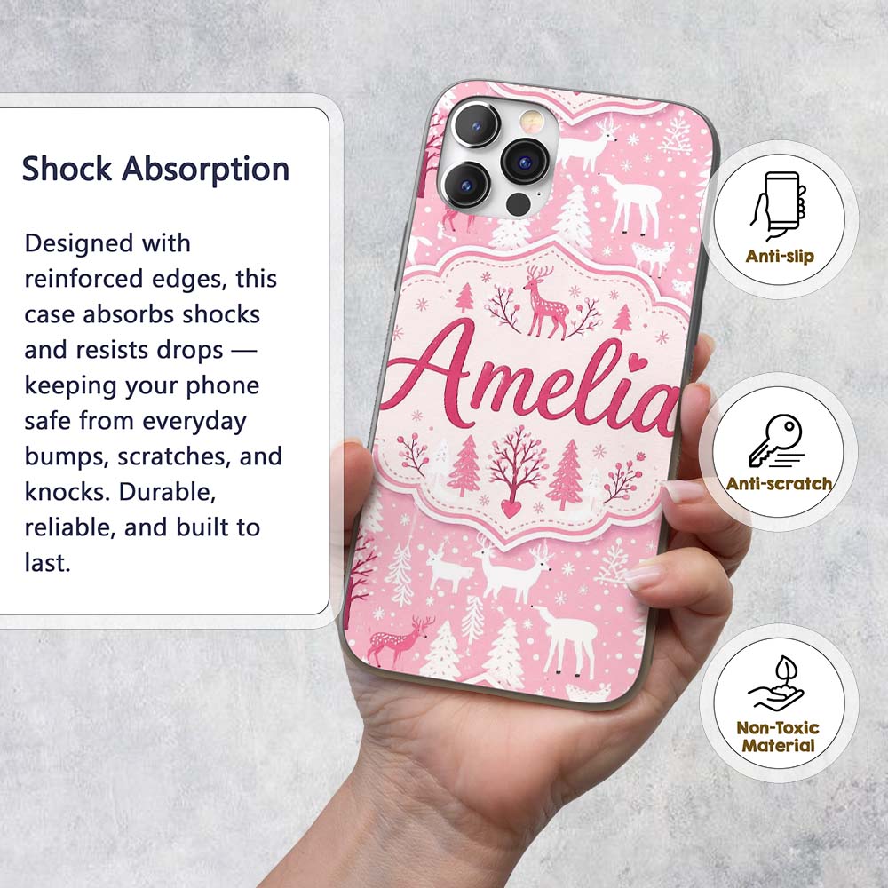 Cute Pink Christmas Deer Forest Seamless Pattern Custom Name Protective Phone Case Mobile Cover Durable Everyday Smartphone Shock Resistant