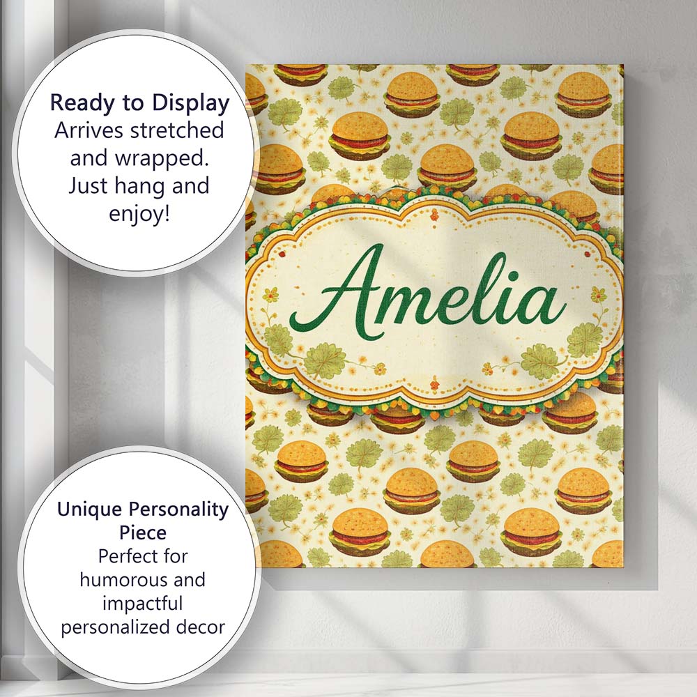 Personalised Name Autumn Burger Leaves Seamless Pattern Beige Custom Contemporary Display Canvas Wall Art Print Decor Picture Ready to Hang