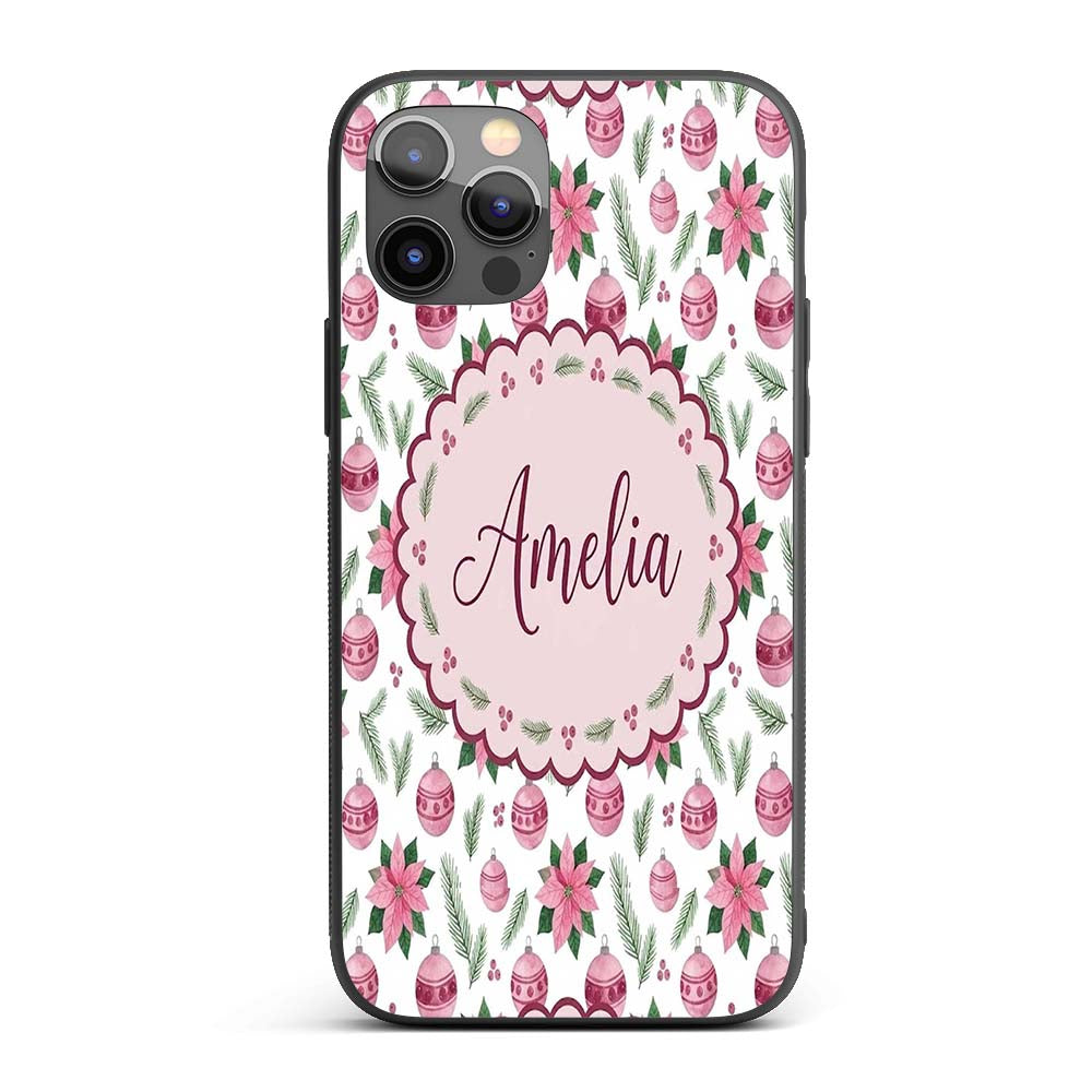 Watercolor Pink Christmas Baubles Poinsettia Custom Name Protective Phone Case Mobile Cover Durable Everyday Smartphone Shock Resistant