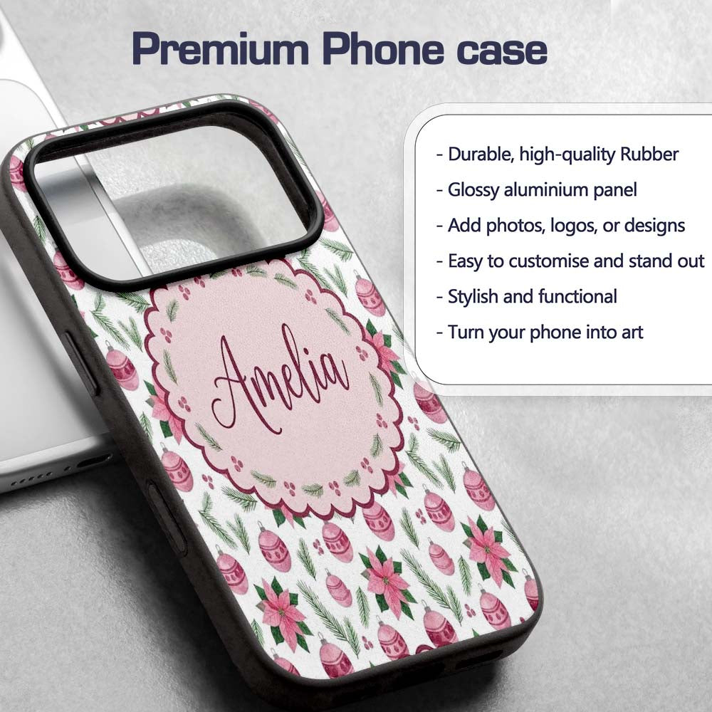 Watercolor Pink Christmas Baubles Poinsettia Custom Name Protective Phone Case Mobile Cover Durable Everyday Smartphone Shock Resistant