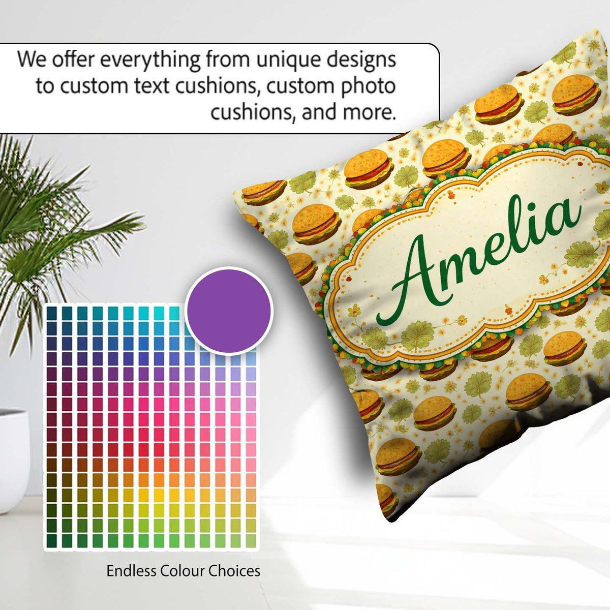 Custom Name Autumn Burger Seamless Pattern Beige Background Fast Square Filled Cushion Throw Pillow Sofa Bed Home Decor Zip Washable UK Made