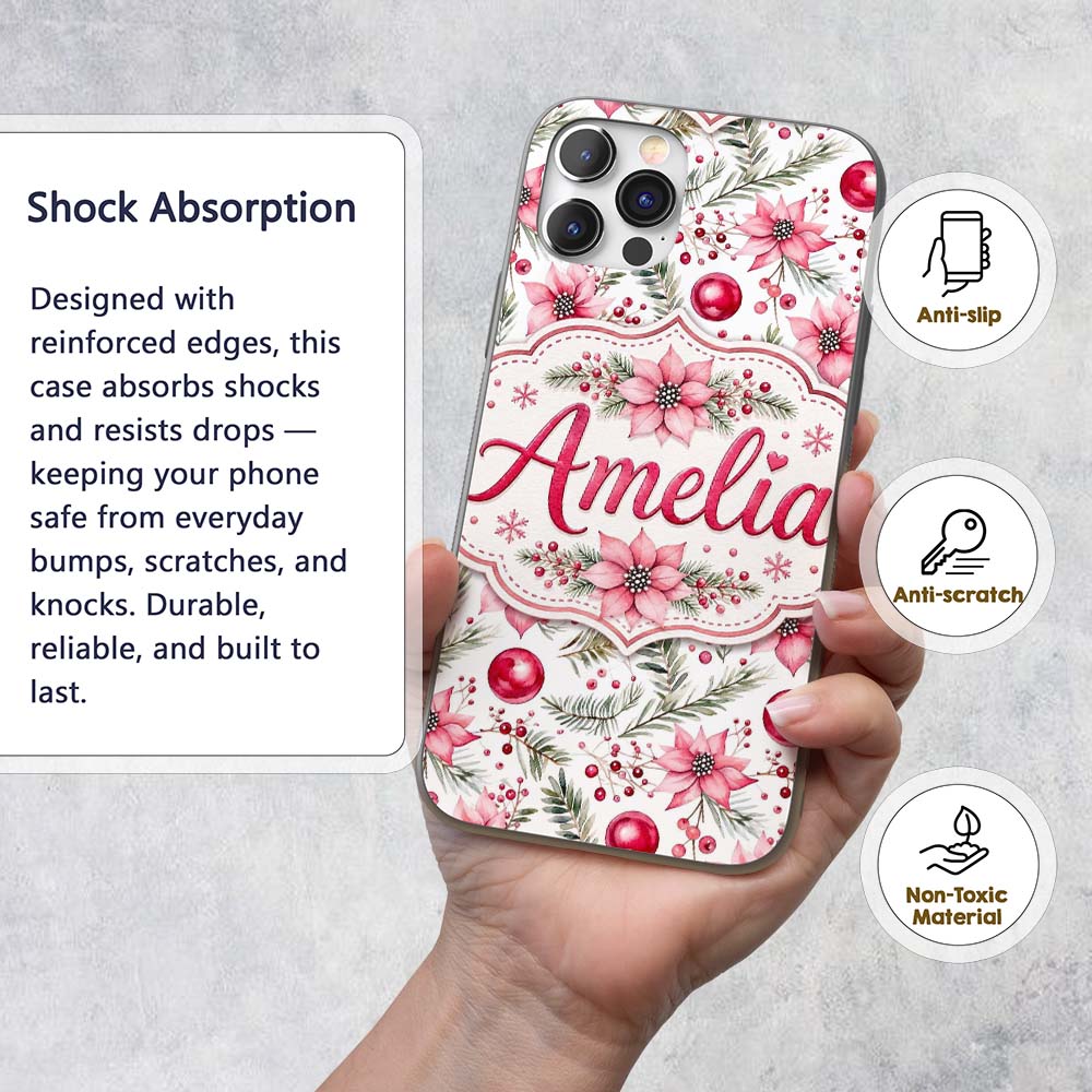 Watercolor Pink Red Berries Pine Leaves Christmas Custom Name Protective Phone Case Mobile Cover Durable Everyday Smartphone Shock Resistant