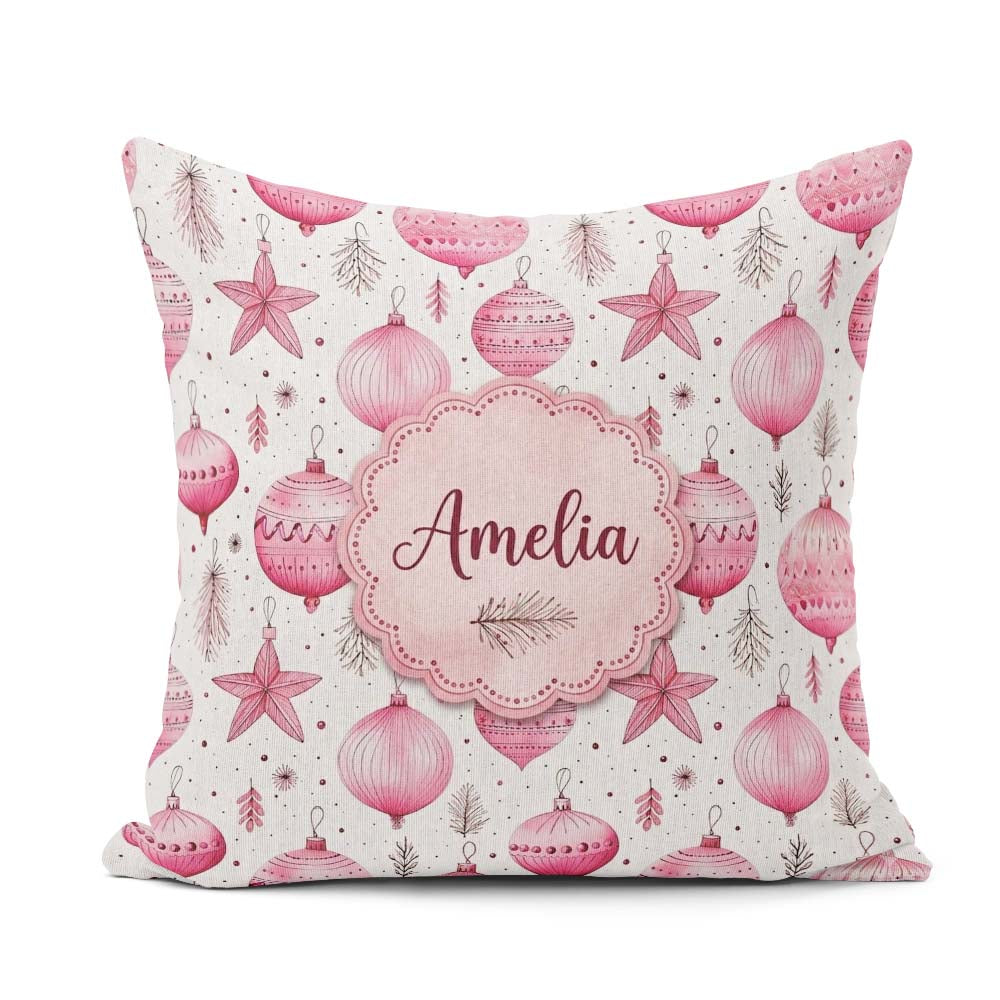 Custom Name Elegant Pink Christmas Baubles Stars Hanging Pattern Square Filled Cushion Throw Pillow Sofa Bed Home Decor Zip Washable UK Made