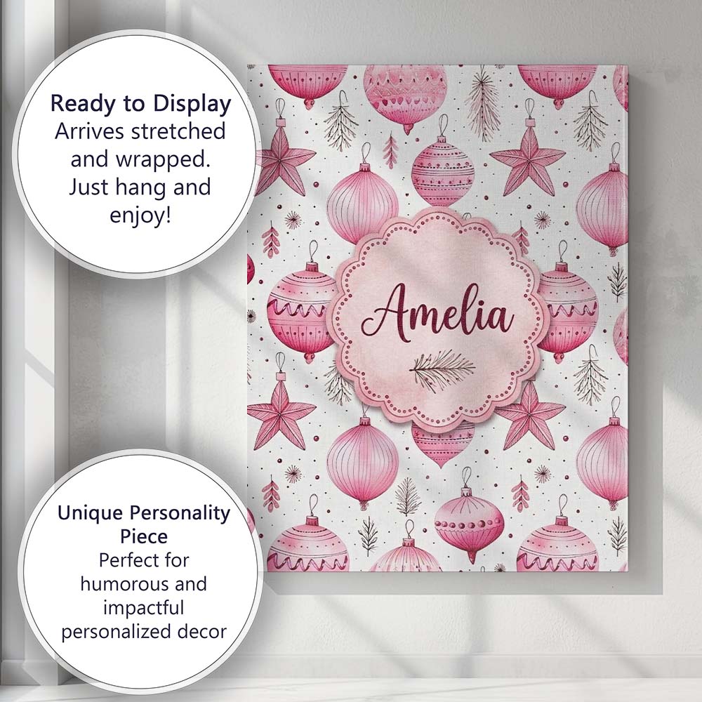 Personalised Name Elegant Pink Christmas Custom Interior Decorative Contemporary Canvas Wall Art Print Decor Picture Ready to Hang