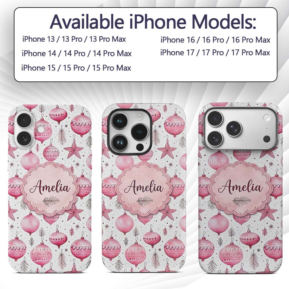 Elegant Pink Christmas Baubles Stars Hanging Custom Name Protective Phone Case Mobile Cover Durable Everyday Smartphone Shock Resistant